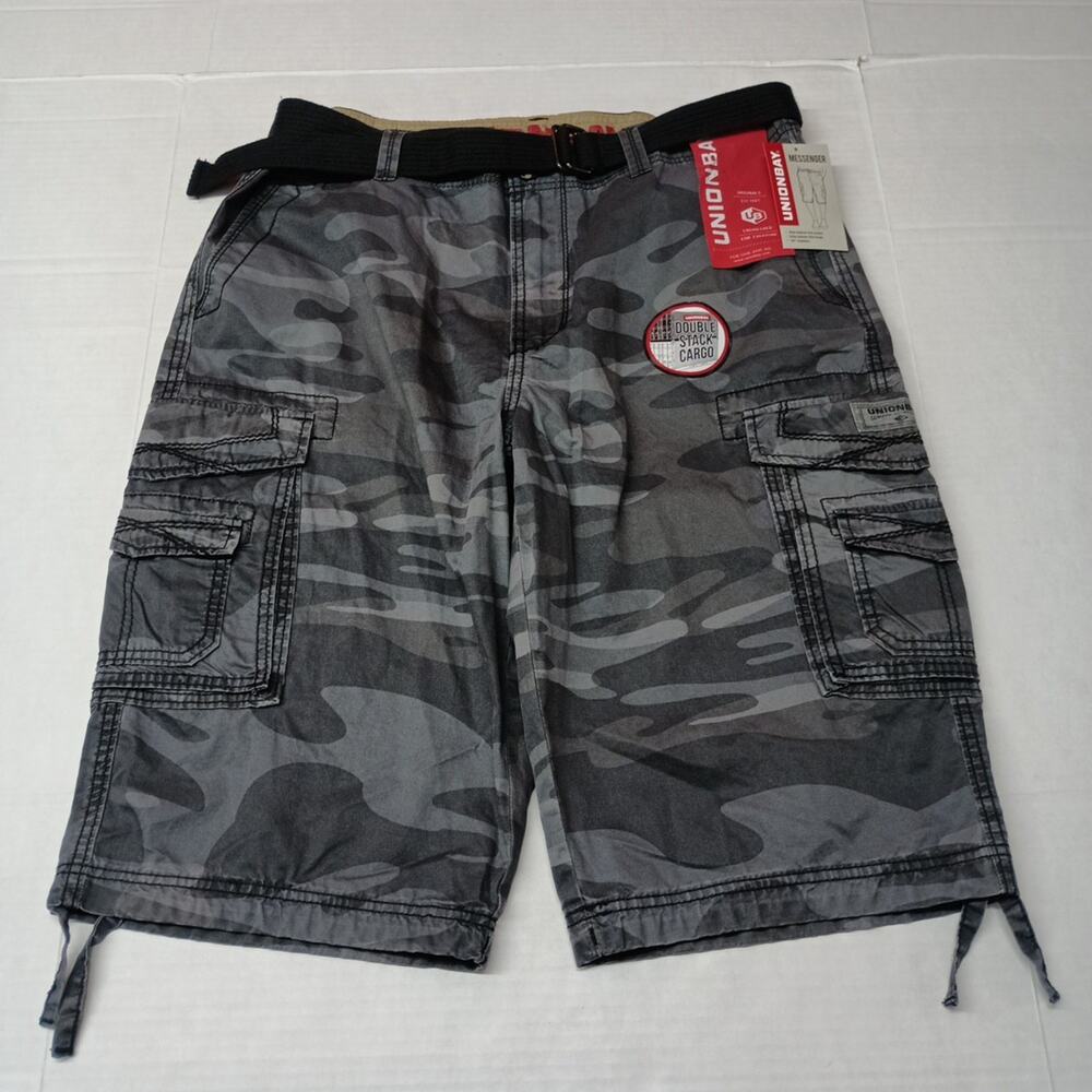 Unionbay Men's Cordova Messenger Cargo Shorts Size 38 Black Gray Camo + Belt